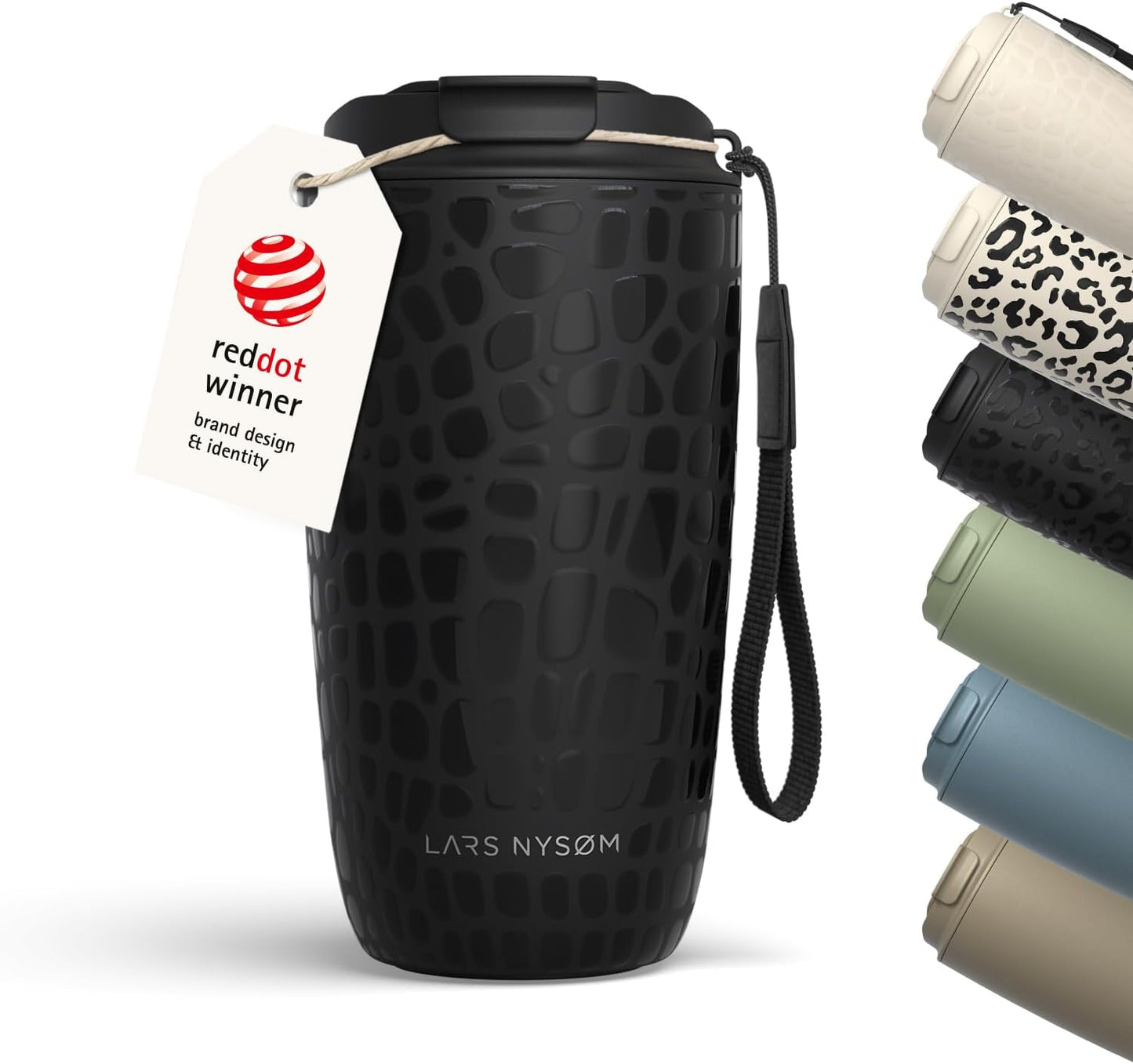 LARS NYSØM Thermo Coffee Mug-to-go with Strap 17oz | Travel Mug with Insulation | Leak Proof Stainless Steel Thermal Tumbler for Coffee and Tea to Go (Almond Beige, 17oz)