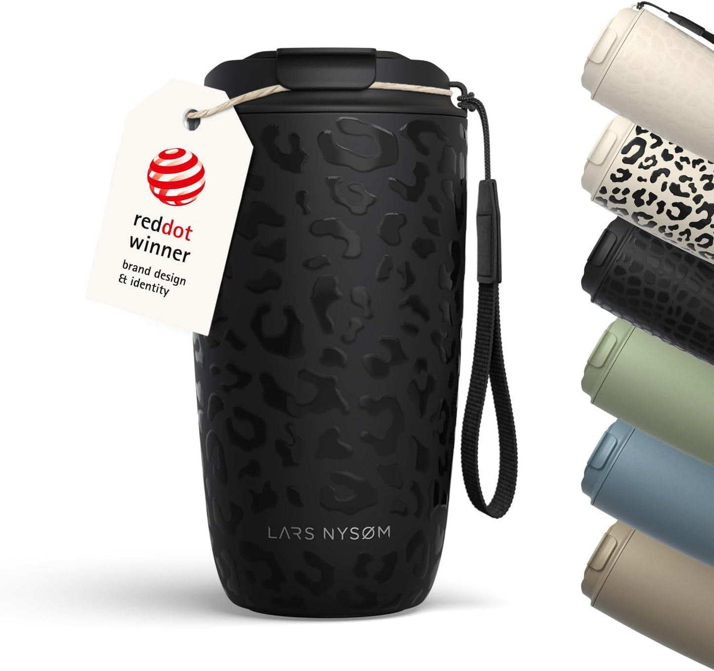 LARS NYSØM Thermo Coffee Mug-to-go with Strap 17oz | Travel Mug with Insulation | Leak Proof Stainless Steel Thermal Tumbler for Coffee and Tea to Go (Almond Beige, 17oz)