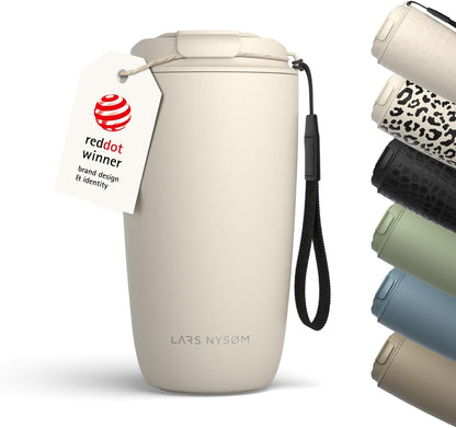 LARS NYSØM Thermo Coffee Mug-to-go with Strap 17oz | Travel Mug with Insulation | Leak Proof Stainless Steel Thermal Tumbler for Coffee and Tea to Go (Almond Beige, 17oz)