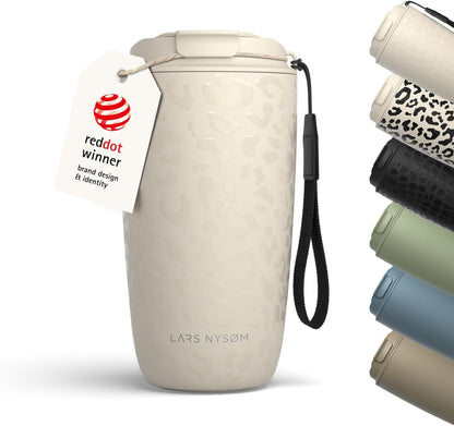 LARS NYSØM Thermo Coffee Mug-to-go with Strap 17oz | Travel Mug with Insulation | Leak Proof Stainless Steel Thermal Tumbler for Coffee and Tea to Go (Almond Beige, 17oz)