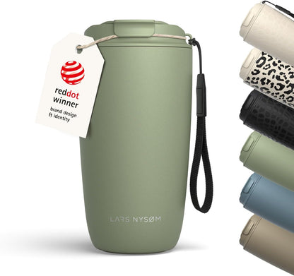 LARS NYSØM Thermo Coffee Mug-to-go with Strap 17oz | Travel Mug with Insulation | Leak Proof Stainless Steel Thermal Tumbler for Coffee and Tea to Go (Almond Beige, 17oz)
