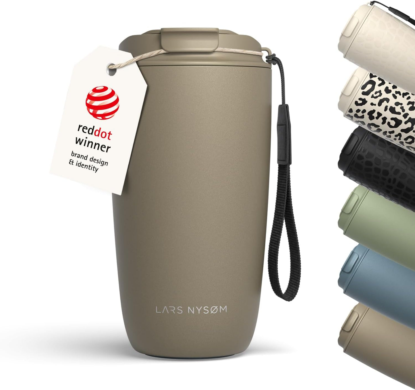 LARS NYSØM Thermo Coffee Mug-to-go with Strap 17oz | Travel Mug with Insulation | Leak Proof Stainless Steel Thermal Tumbler for Coffee and Tea to Go (Almond Beige, 17oz)
