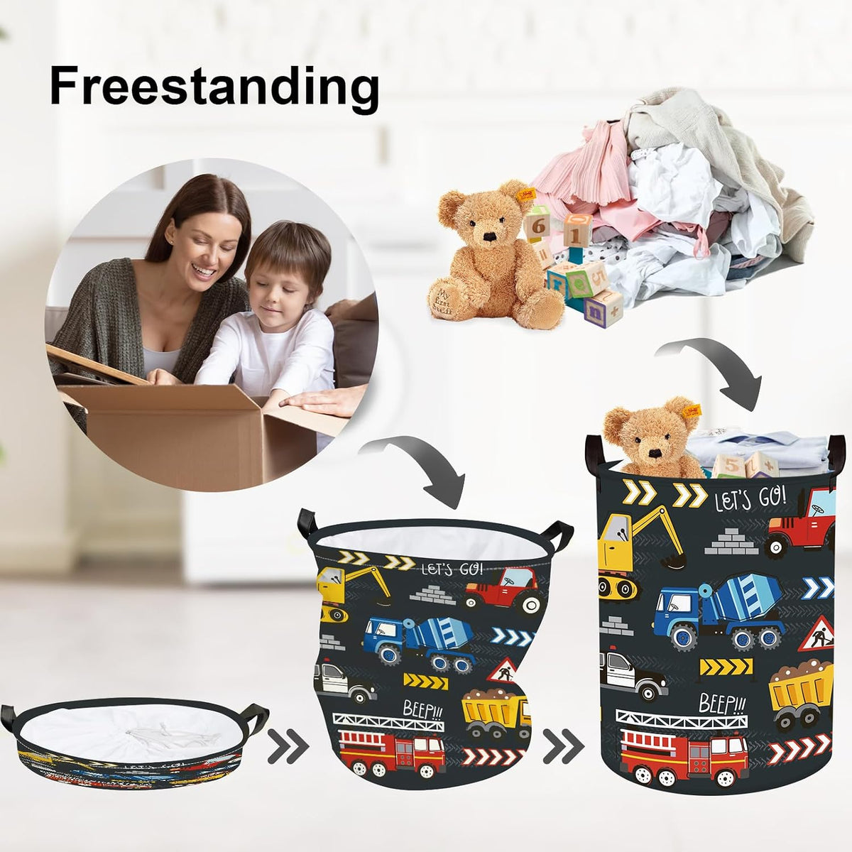 City Car Baby Laundry Hamper Kid Storage Basket Boy Gift Toy Box Collapsible Clothes Organizer Nursery Bin for Bedroom,Fire Truck,40 * 30 * 30 cm