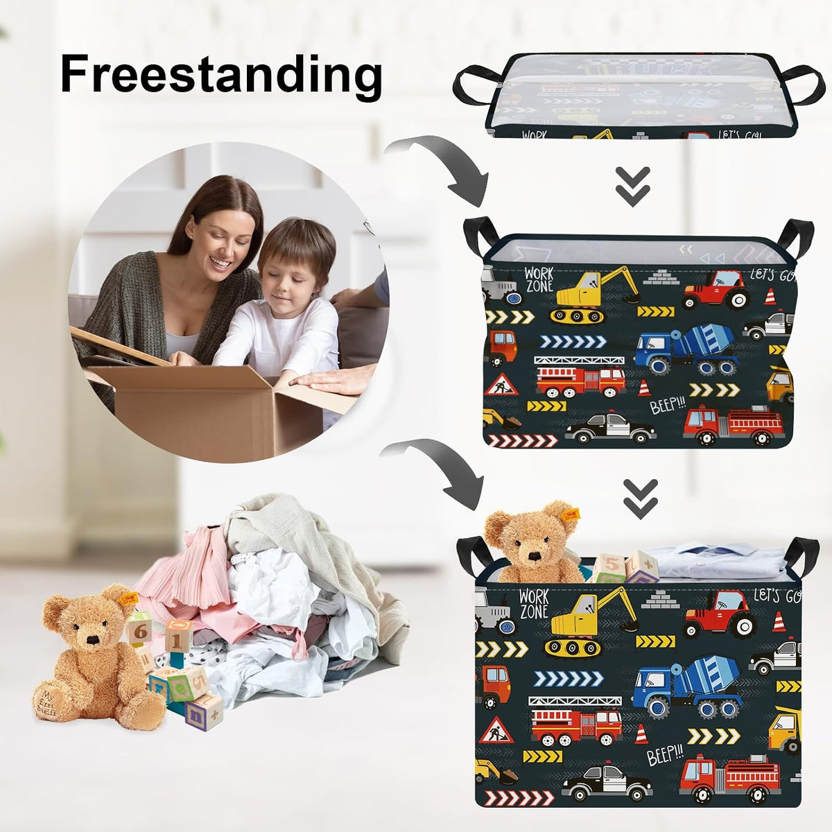 City Car Baby Laundry Hamper Kid Storage Basket Boy Gift Toy Box Collapsible Clothes Organizer Nursery Bin for Bedroom,Fire Truck,40 * 30 * 30 cm