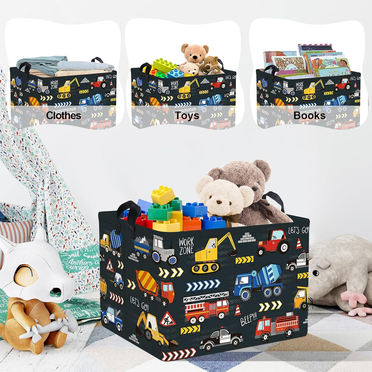 City Car Baby Laundry Hamper Kid Storage Basket Boy Gift Toy Box Collapsible Clothes Organizer Nursery Bin for Bedroom,Fire Truck,40 * 30 * 30 cm