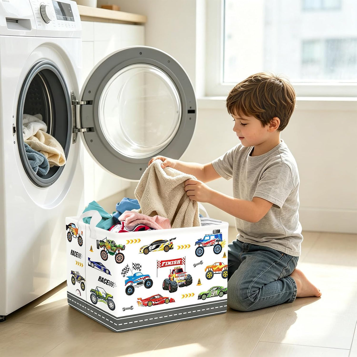 City Car Baby Laundry Hamper Kid Storage Basket Boy Gift Toy Box Collapsible Clothes Organizer Nursery Bin for Bedroom,Fire Truck,40 * 30 * 30 cm