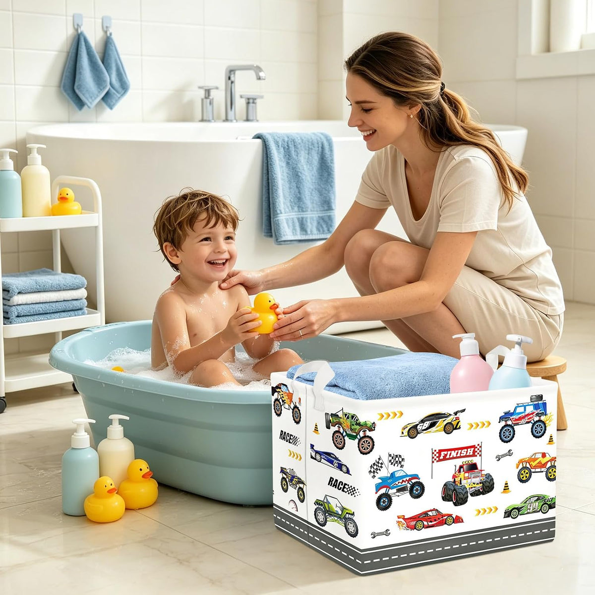 City Car Baby Laundry Hamper Kid Storage Basket Boy Gift Toy Box Collapsible Clothes Organizer Nursery Bin for Bedroom,Fire Truck,40 * 30 * 30 cm