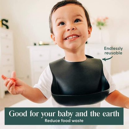 Silicone Baby Bibs with Food Catcher - Adjustable Soft Catch All Bib for Boys & Girls - High Chair Dining Table