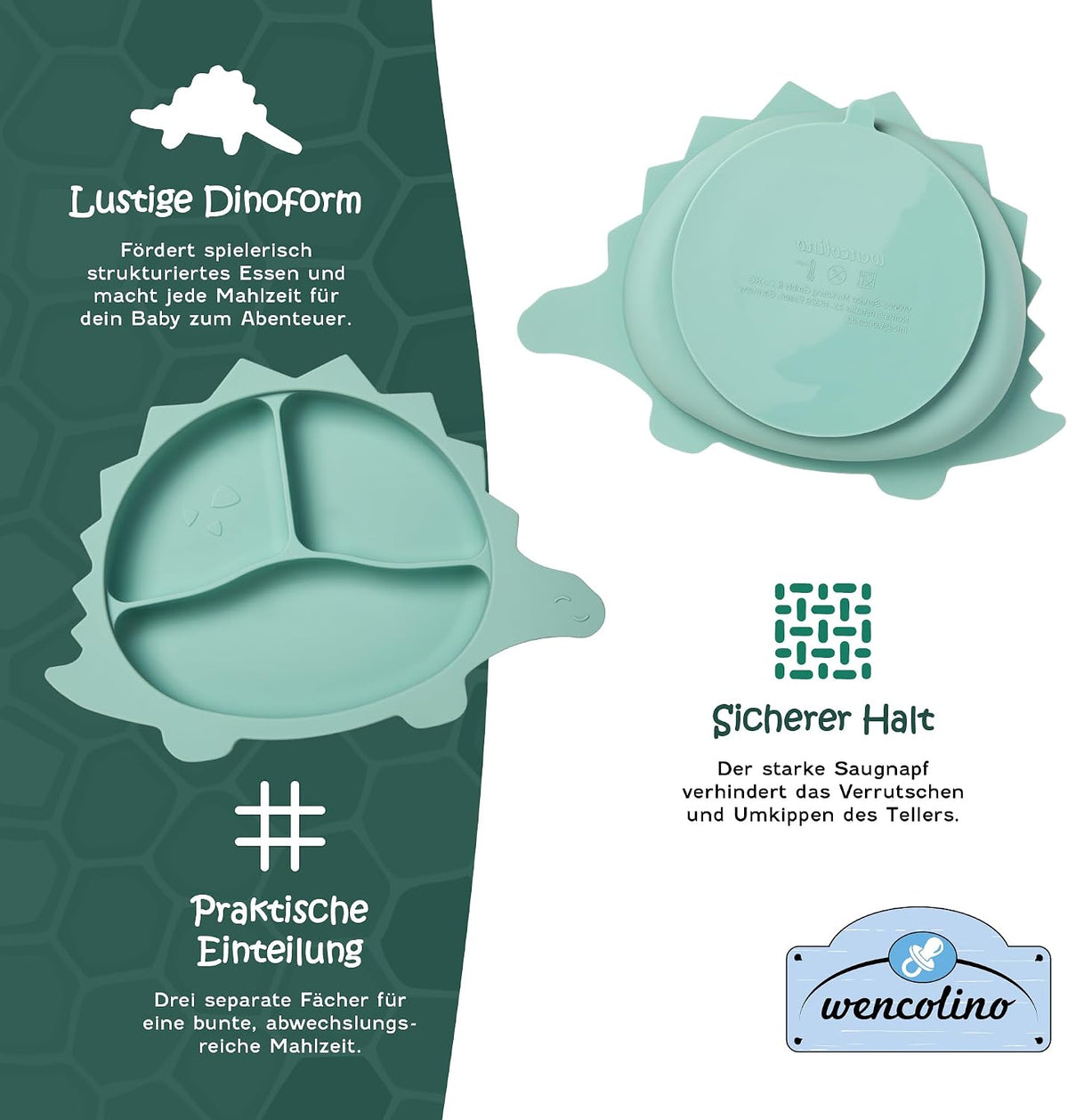 Children's Plate Non-Slip with Suction Cup "Dino" Food Grade Silicone Plate for Children Plate Baby - W 26.5 cm x L 18.8 cm x H 3.2 cm - BLW Baby LED Weaning Accessories Mint Green