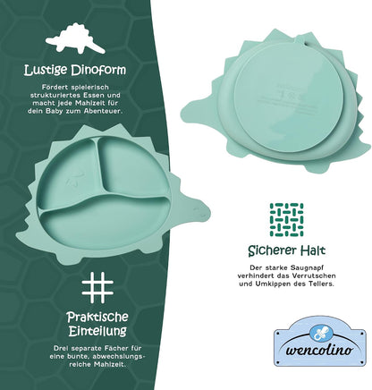 Children's Plate Non-Slip with Suction Cup "Dino" Food Grade Silicone Plate for Children Plate Baby - W 26.5 cm x L 18.8 cm x H 3.2 cm - BLW Baby LED Weaning Accessories Mint Green