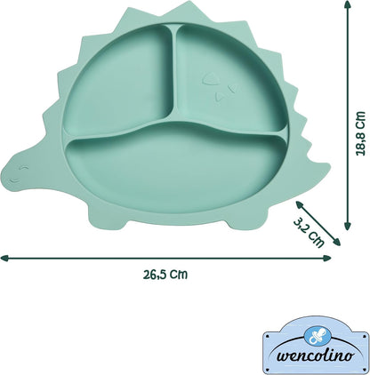 Children's Plate Non-Slip with Suction Cup "Dino" Food Grade Silicone Plate for Children Plate Baby - W 26.5 cm x L 18.8 cm x H 3.2 cm - BLW Baby LED Weaning Accessories Mint Green