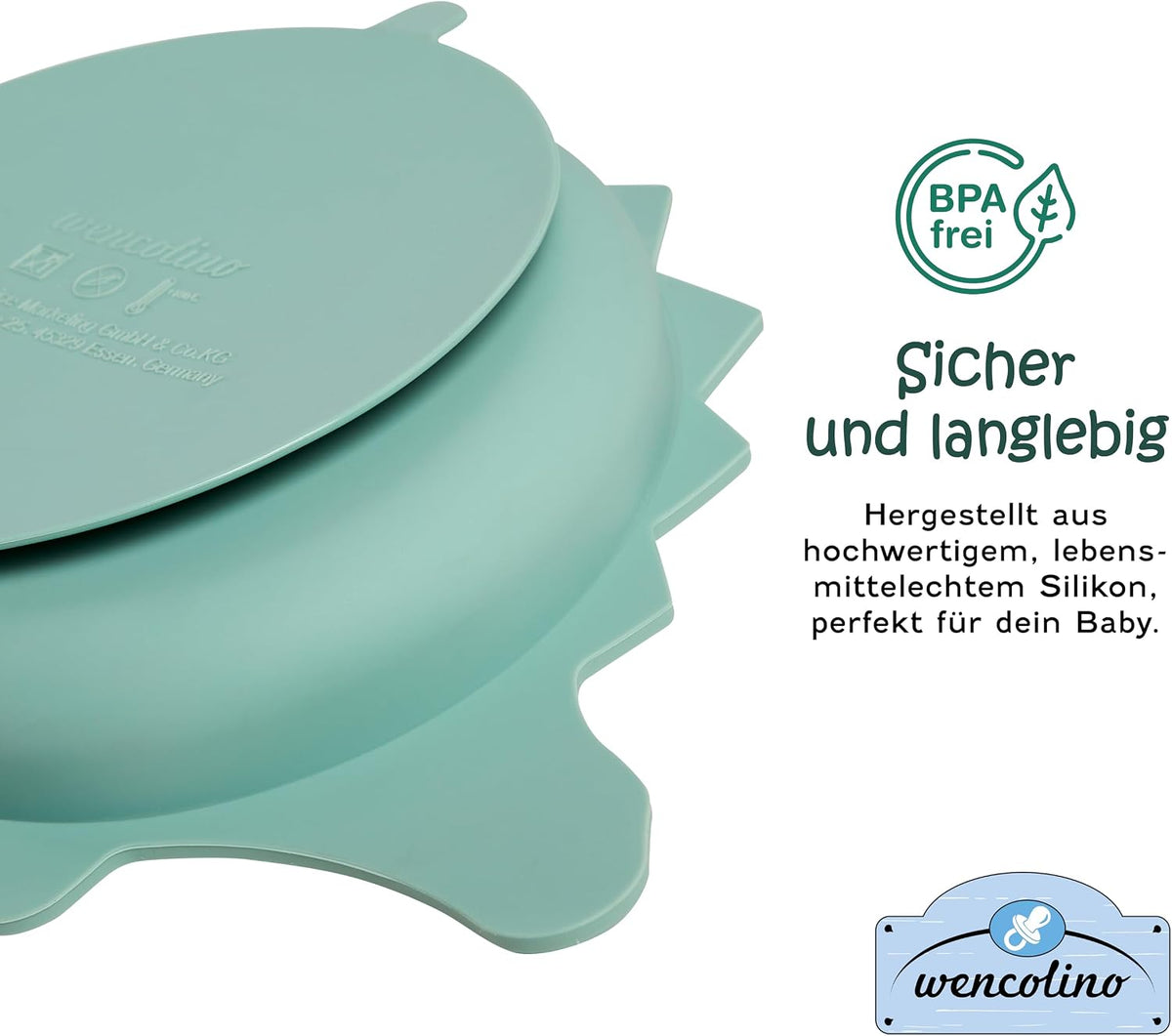 Children's Plate Non-Slip with Suction Cup "Dino" Food Grade Silicone Plate for Children Plate Baby - W 26.5 cm x L 18.8 cm x H 3.2 cm - BLW Baby LED Weaning Accessories Mint Green