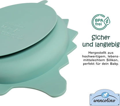 Children's Plate Non-Slip with Suction Cup "Dino" Food Grade Silicone Plate for Children Plate Baby - W 26.5 cm x L 18.8 cm x H 3.2 cm - BLW Baby LED Weaning Accessories Mint Green