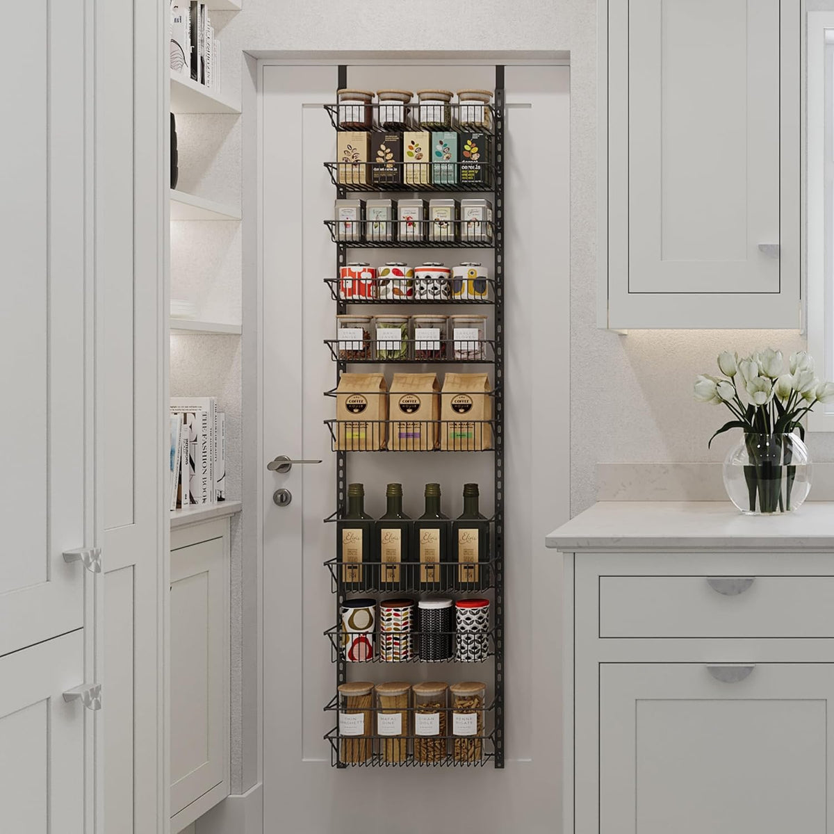 Pantry Over The Door Spice and Jar Rack Organizer - Great Storage Space for Cabinets and Kitchen - Wall Mounted 8 Tier Shelves