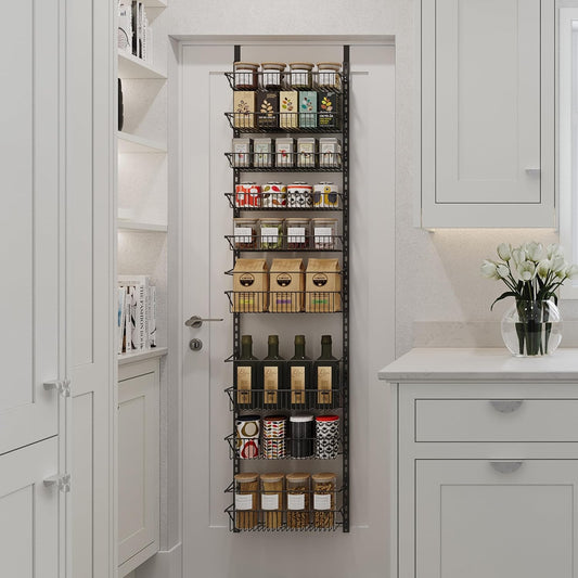 Pantry Over The Door Spice and Jar Rack Organizer - Great Storage Space for Cabinets and Kitchen - Wall Mounted 8 Tier Shelves