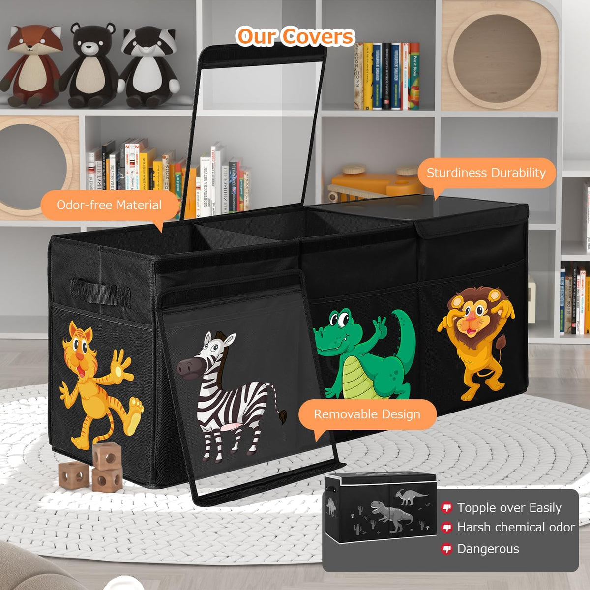 Large Flip-Top Toy Box Storage with Fabric Lid & Handles for Kids