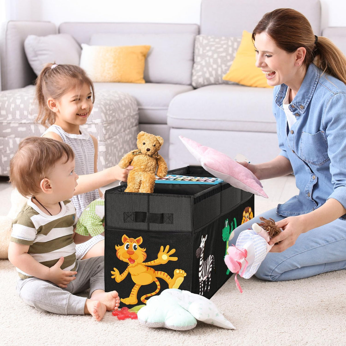 Large Flip-Top Toy Box Storage with Fabric Lid & Handles for Kids