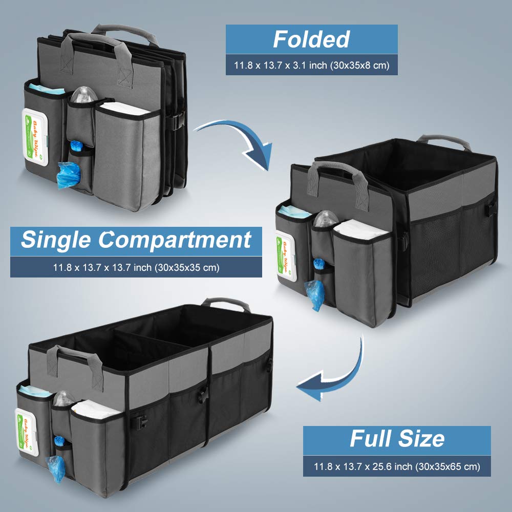Collapsible Trunk Organizer & Diaper Changing Station, Baby Diaper Caddy Organizer with Movable Dividers, Easy-to-Reach for Back Seat Travel Car Organizer, Waterproof Car Trunk Organizer Groceries
