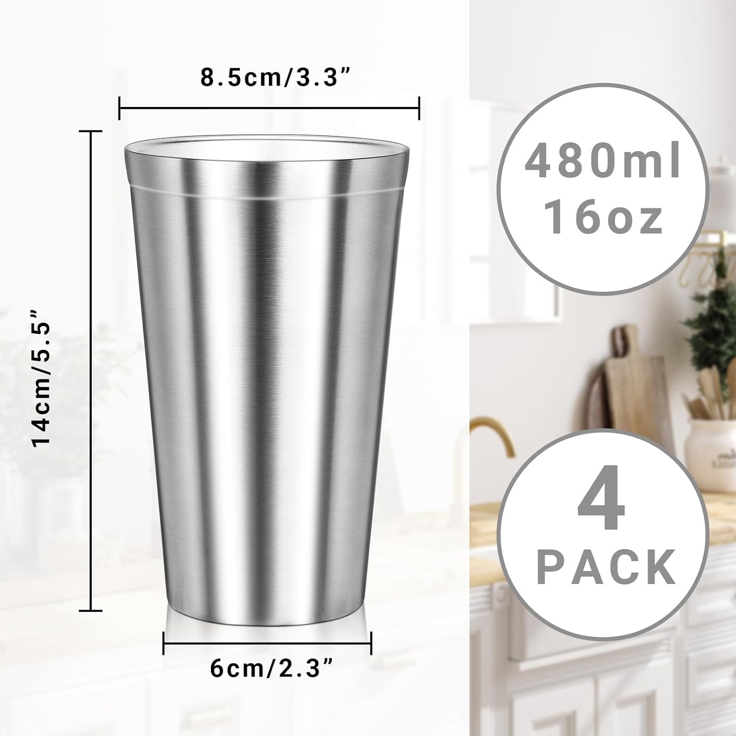 Metal Cup, 19 oz Insulated Tumbler, 4 Pack Double Wall Unbreakable Stackable Water Tumblers Premium Insulated Stainless Steel Cups Drinking Glasses for Home Travel Camping Outdoor