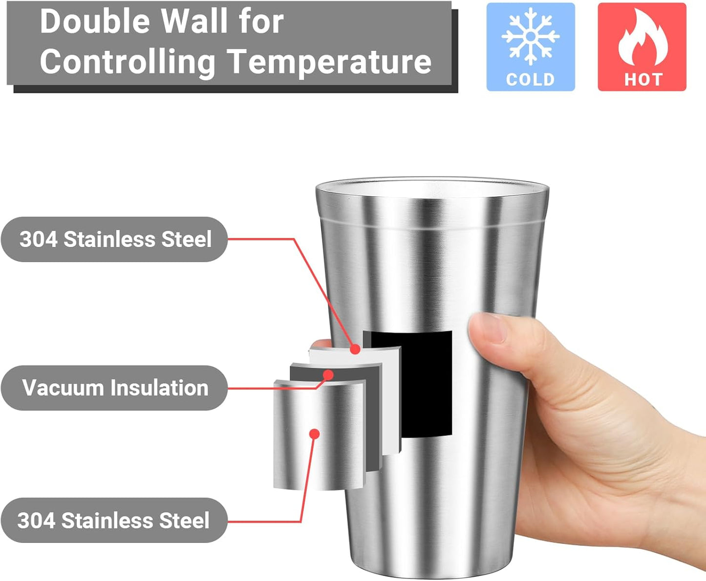 Metal Cup, 19 oz Insulated Tumbler, 4 Pack Double Wall Unbreakable Stackable Water Tumblers Premium Insulated Stainless Steel Cups Drinking Glasses for Home Travel Camping Outdoor