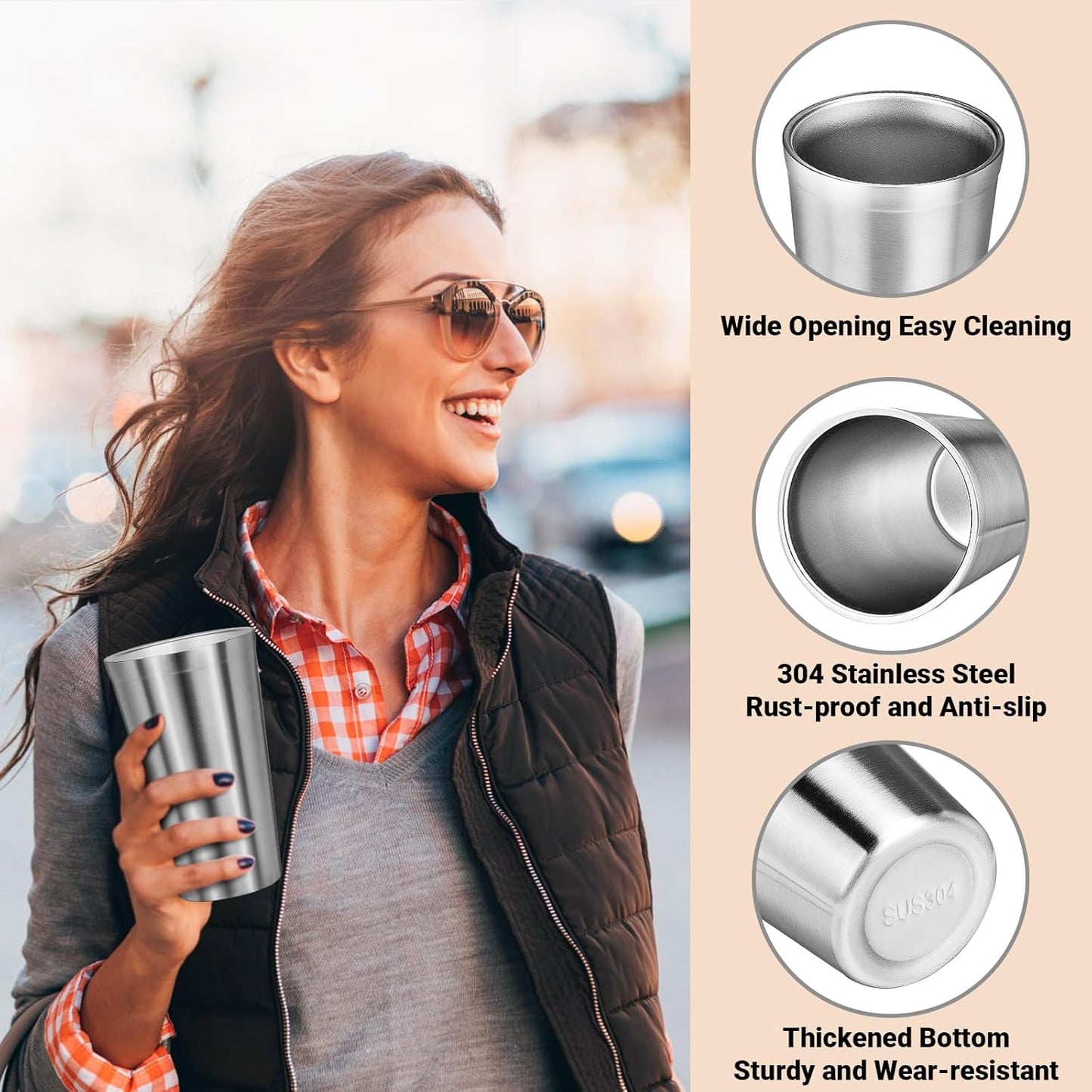 Metal Cup, 19 oz Insulated Tumbler, 4 Pack Double Wall Unbreakable Stackable Water Tumblers Premium Insulated Stainless Steel Cups Drinking Glasses for Home Travel Camping Outdoor