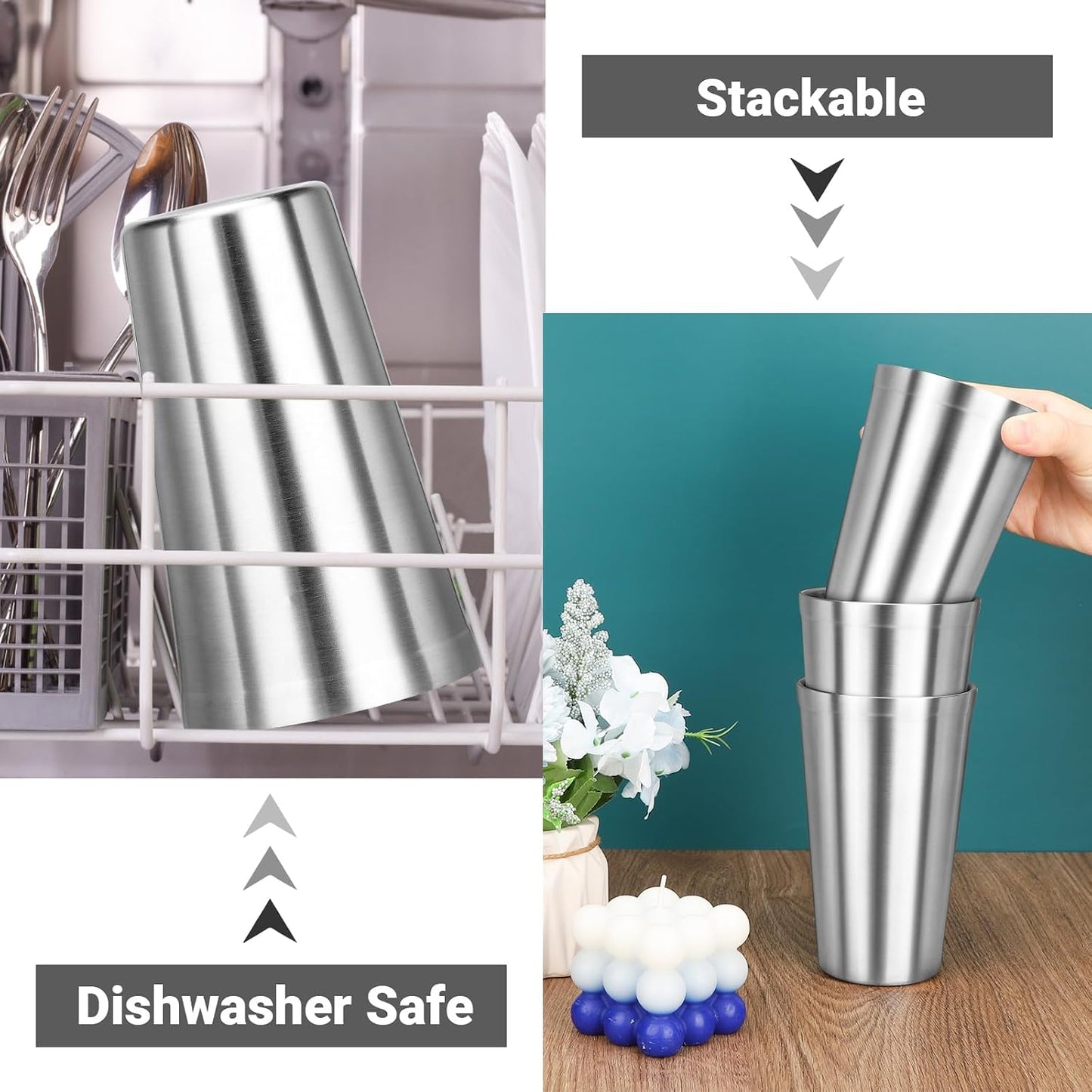Metal Cup, 19 oz Insulated Tumbler, 4 Pack Double Wall Unbreakable Stackable Water Tumblers Premium Insulated Stainless Steel Cups Drinking Glasses for Home Travel Camping Outdoor