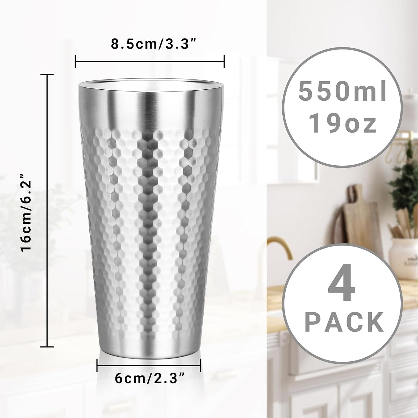 Metal Cup, 19 oz Insulated Tumbler, 4 Pack Double Wall Unbreakable Stackable Water Tumblers Premium Insulated Stainless Steel Cups Drinking Glasses for Home Travel Camping Outdoor