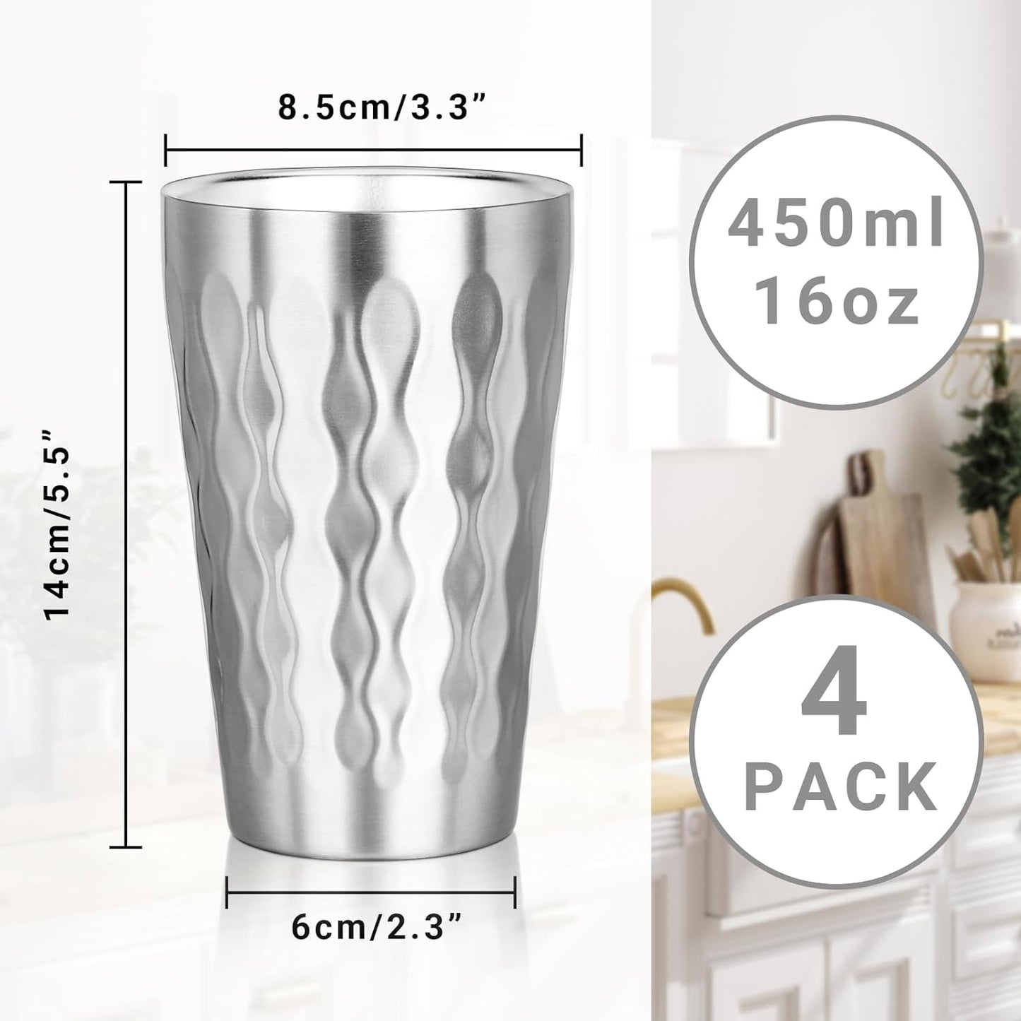 Metal Cup, 19 oz Insulated Tumbler, 4 Pack Double Wall Unbreakable Stackable Water Tumblers Premium Insulated Stainless Steel Cups Drinking Glasses for Home Travel Camping Outdoor