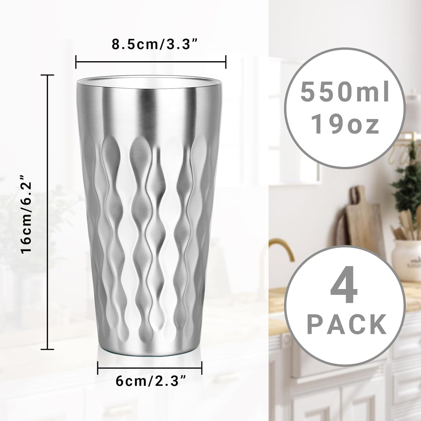 Metal Cup, 19 oz Insulated Tumbler, 4 Pack Double Wall Unbreakable Stackable Water Tumblers Premium Insulated Stainless Steel Cups Drinking Glasses for Home Travel Camping Outdoor