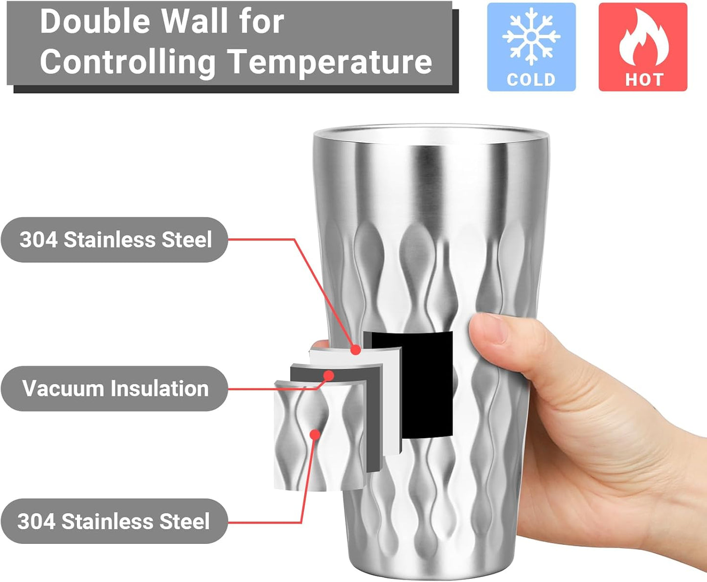 Metal Cup, 19 oz Insulated Tumbler, 4 Pack Double Wall Unbreakable Stackable Water Tumblers Premium Insulated Stainless Steel Cups Drinking Glasses for Home Travel Camping Outdoor