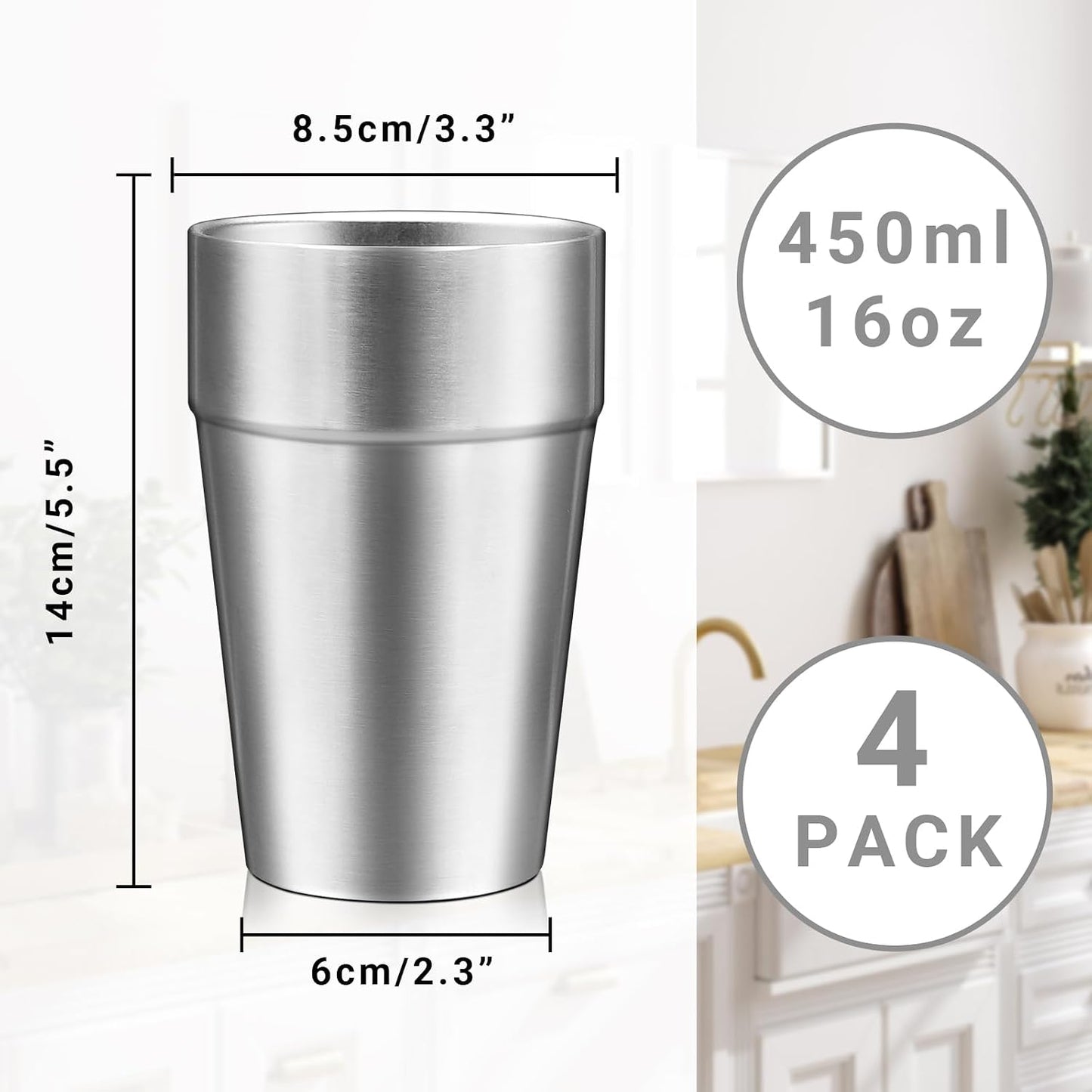 Metal Cup, 19 oz Insulated Tumbler, 4 Pack Double Wall Unbreakable Stackable Water Tumblers Premium Insulated Stainless Steel Cups Drinking Glasses for Home Travel Camping Outdoor