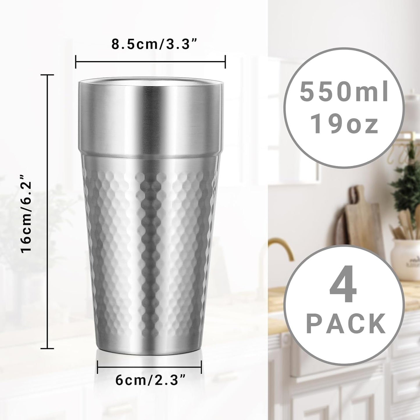 Metal Cup, 19 oz Insulated Tumbler, 4 Pack Double Wall Unbreakable Stackable Water Tumblers Premium Insulated Stainless Steel Cups Drinking Glasses for Home Travel Camping Outdoor
