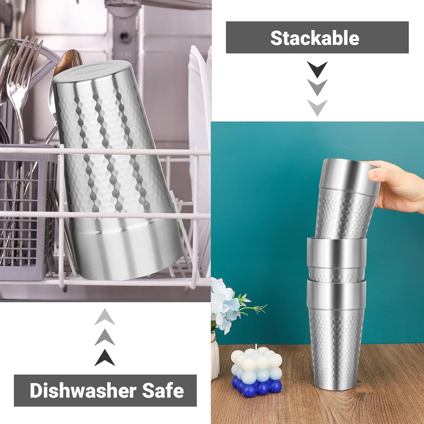 Metal Cup, 19 oz Insulated Tumbler, 4 Pack Double Wall Unbreakable Stackable Water Tumblers Premium Insulated Stainless Steel Cups Drinking Glasses for Home Travel Camping Outdoor