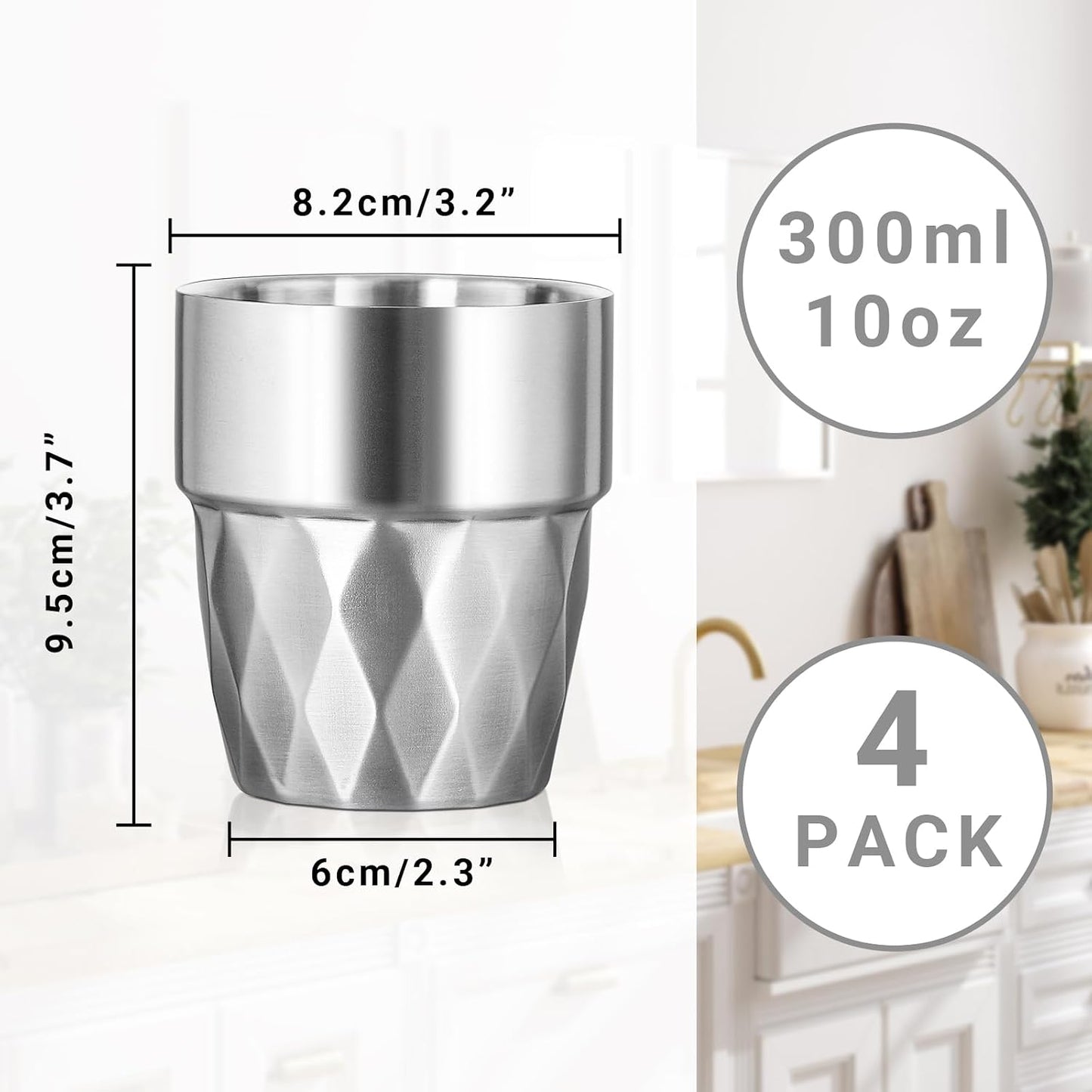 Metal Cup, 19 oz Insulated Tumbler, 4 Pack Double Wall Unbreakable Stackable Water Tumblers Premium Insulated Stainless Steel Cups Drinking Glasses for Home Travel Camping Outdoor