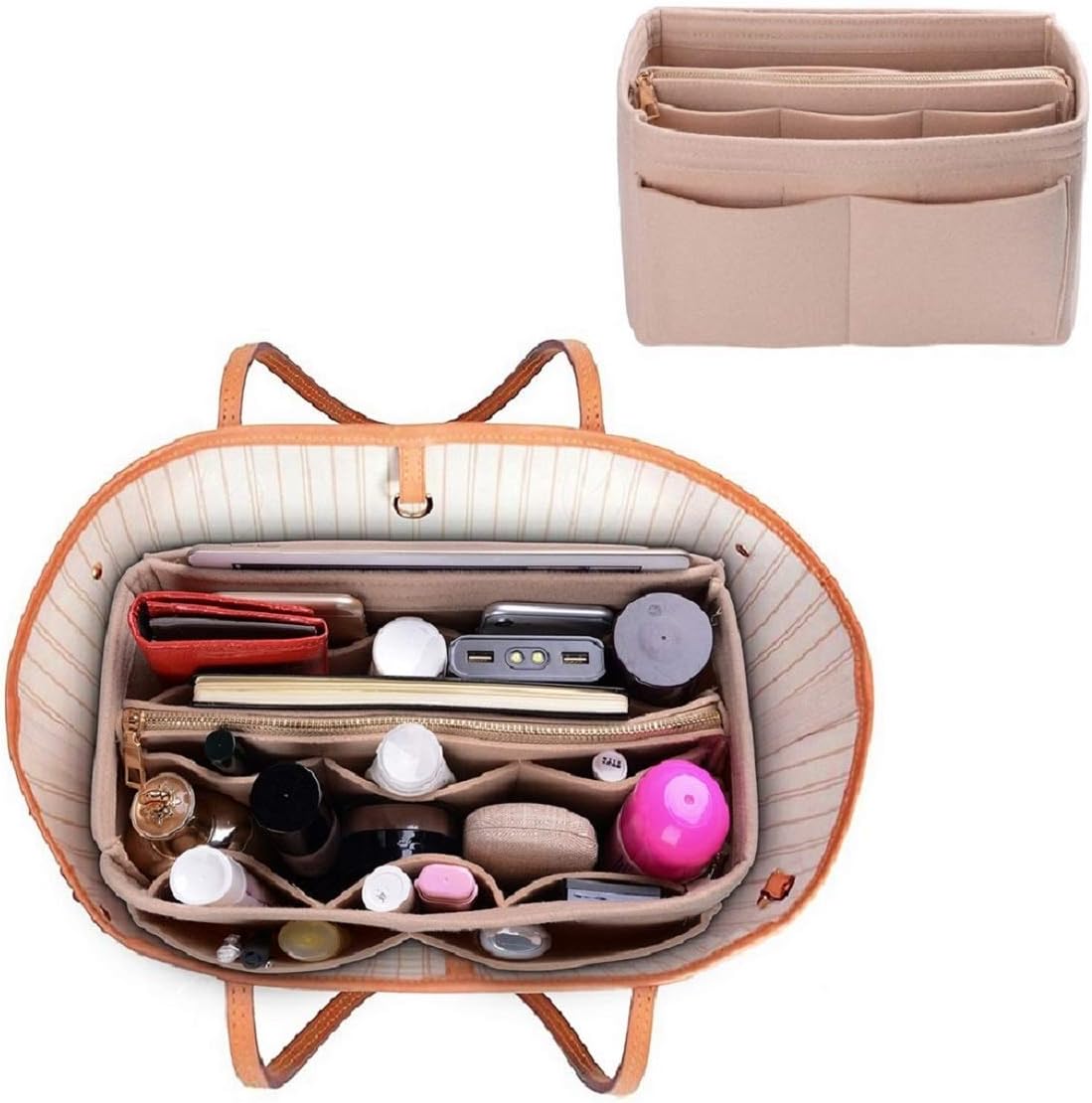 Purse Organizer Insert, Felt Bag Organizer with Metal Zipper, Handbag & Tote Shaper, For Speedy Neverfull Tote, 7 Sizes