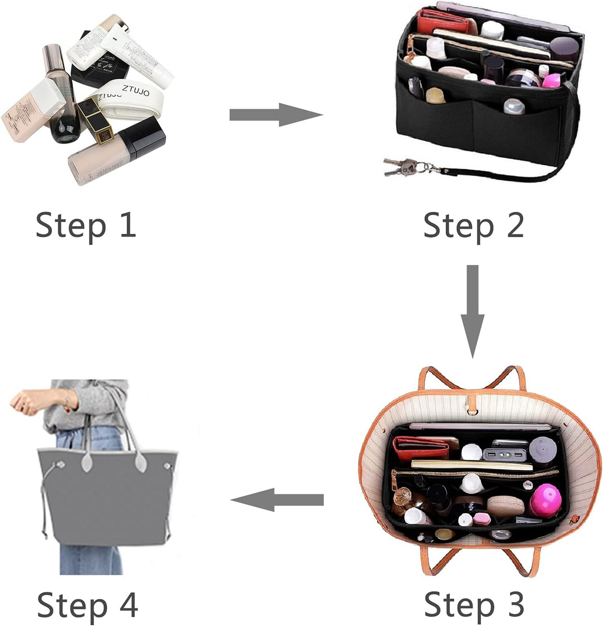Purse Organizer Insert, Felt Bag Organizer with Metal Zipper, Handbag & Tote Shaper, For Speedy Neverfull Tote, 7 Sizes