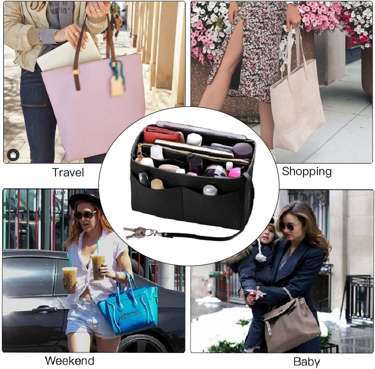 Purse Organizer Insert, Felt Bag Organizer with Metal Zipper, Handbag & Tote Shaper, For Speedy Neverfull Tote, 7 Sizes