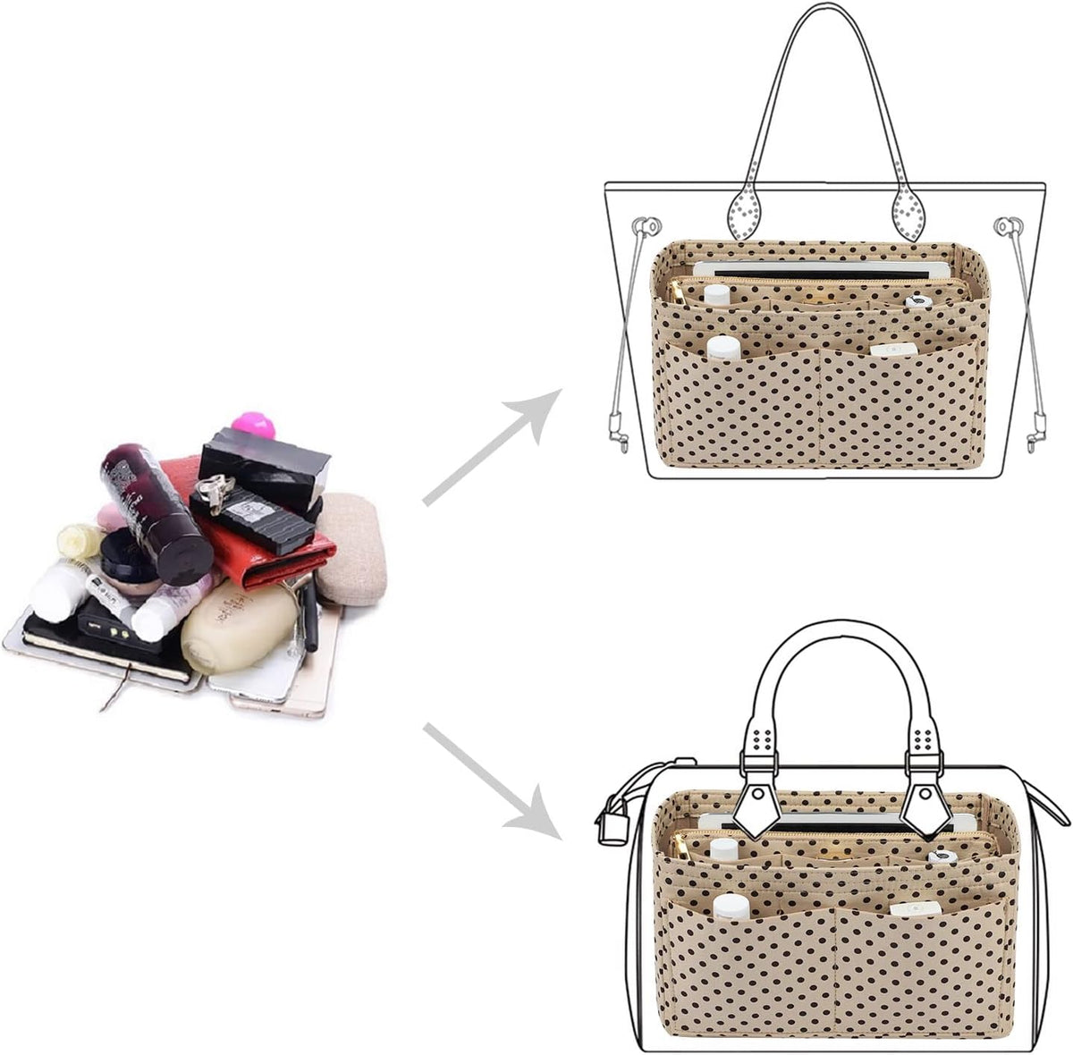 Purse Organizer Insert, Felt Bag Organizer with Metal Zipper, Handbag & Tote Shaper, For Speedy Neverfull Tote, 7 Sizes