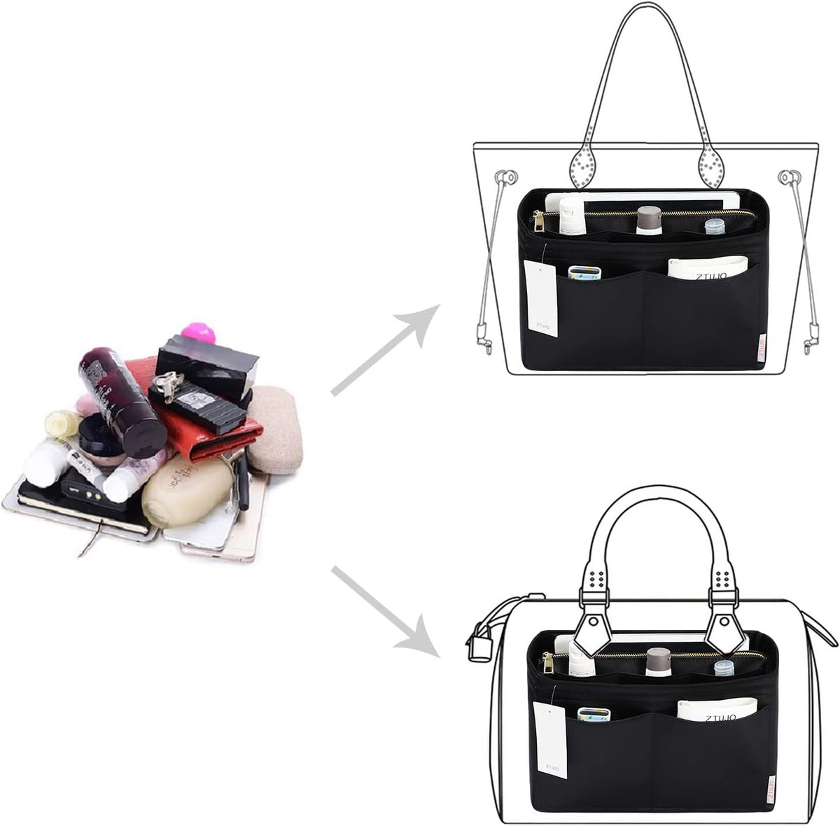 Purse Organizer Insert, Felt Bag Organizer with Metal Zipper, Handbag & Tote Shaper, For Speedy Neverfull Tote, 7 Sizes