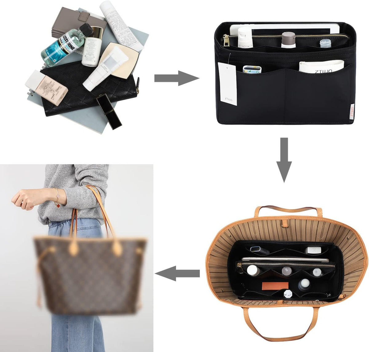 Purse Organizer Insert, Felt Bag Organizer with Metal Zipper, Handbag & Tote Shaper, For Speedy Neverfull Tote, 7 Sizes