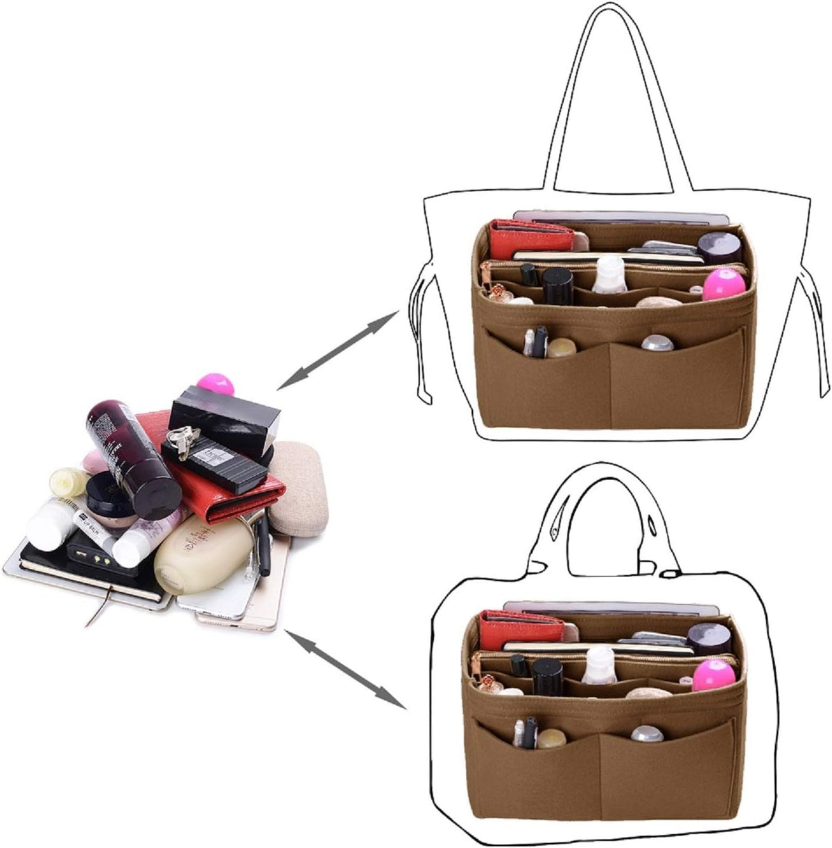 Purse Organizer Insert, Felt Bag Organizer with Metal Zipper, Handbag & Tote Shaper, For Speedy Neverfull Tote, 7 Sizes