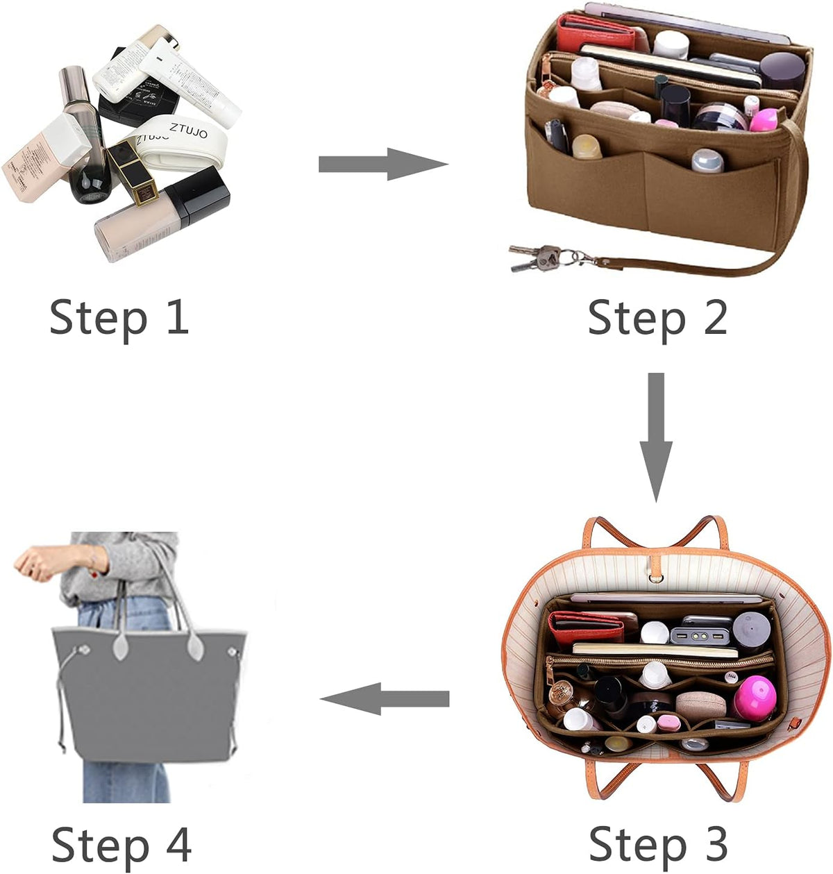 Purse Organizer Insert, Felt Bag Organizer with Metal Zipper, Handbag & Tote Shaper, For Speedy Neverfull Tote, 7 Sizes