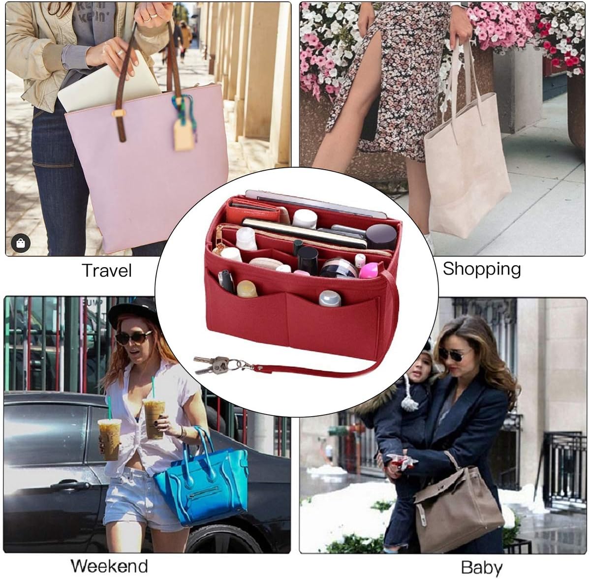 Purse Organizer Insert, Felt Bag Organizer with Metal Zipper, Handbag & Tote Shaper, For Speedy Neverfull Tote, 7 Sizes