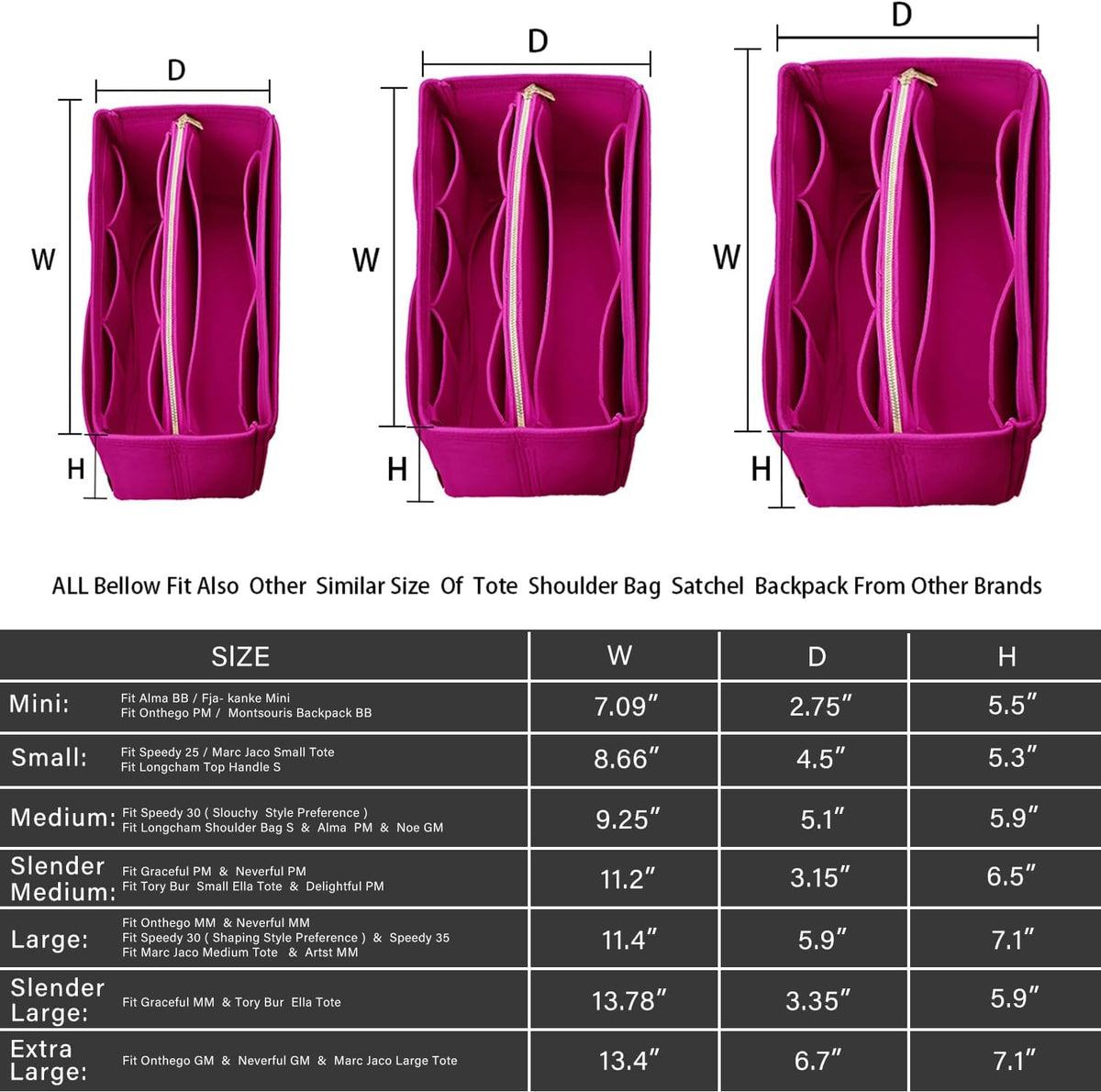 Purse Organizer Insert, Felt Bag Organizer with Metal Zipper, Handbag & Tote Shaper, For Speedy Neverfull Tote, 7 Sizes