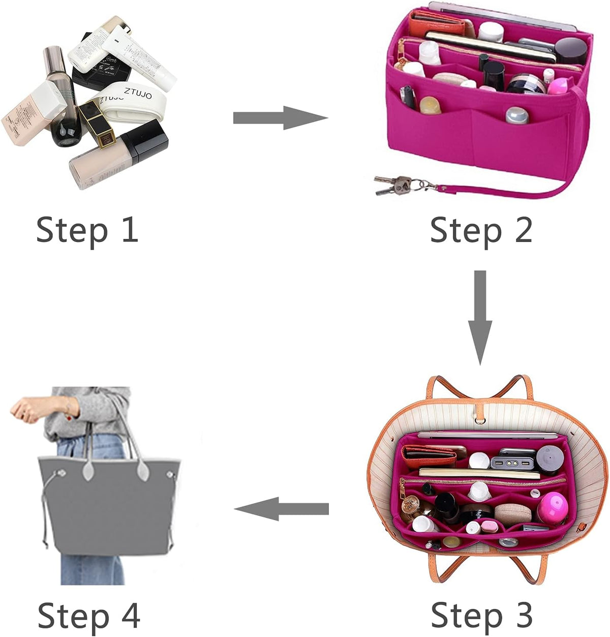 Purse Organizer Insert, Felt Bag Organizer with Metal Zipper, Handbag & Tote Shaper, For Speedy Neverfull Tote, 7 Sizes
