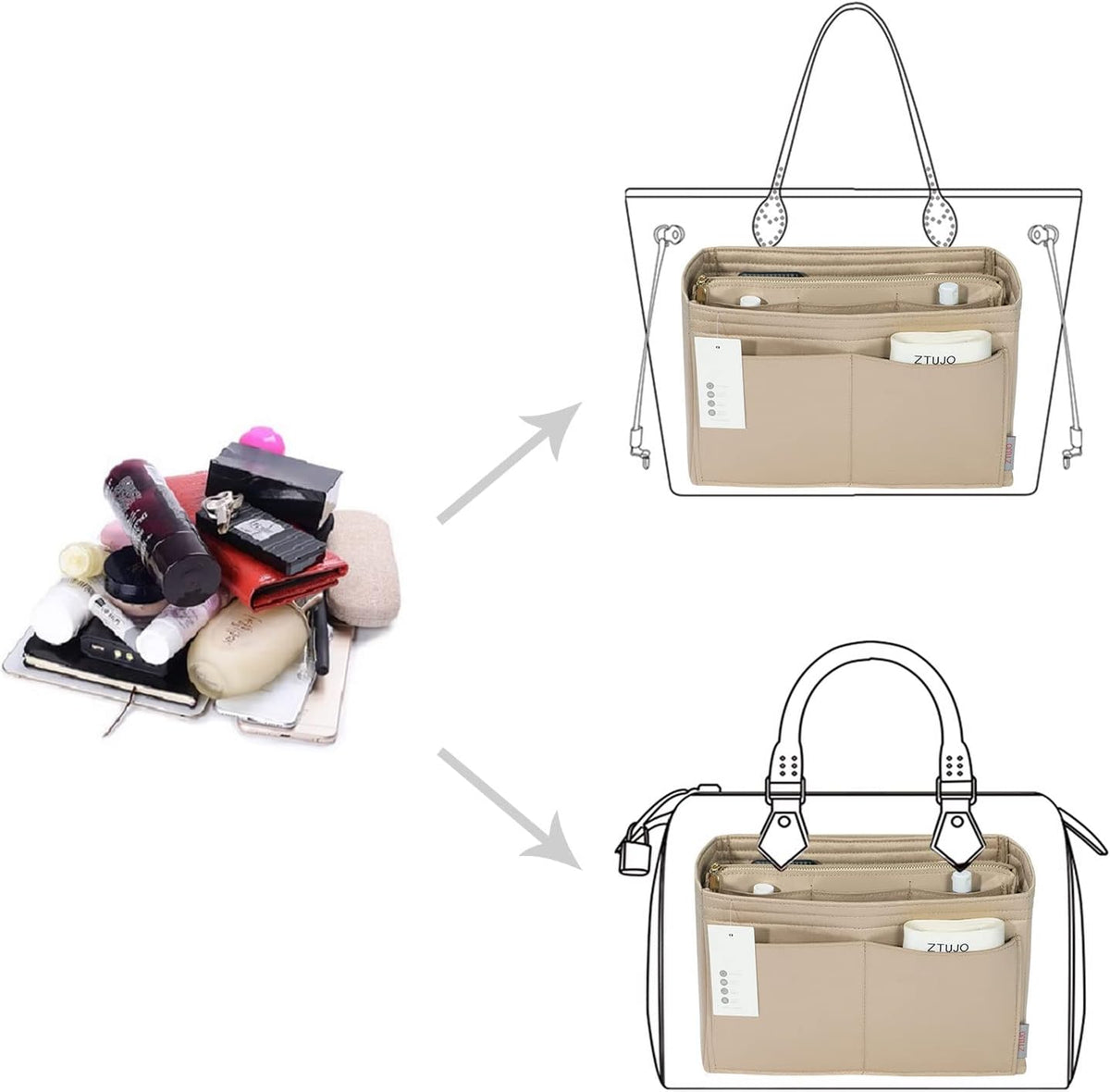 Purse Organizer Insert, Felt Bag Organizer with Metal Zipper, Handbag & Tote Shaper, For Speedy Neverfull Tote, 7 Sizes