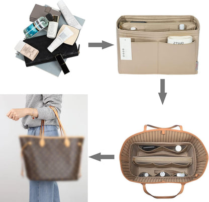 Purse Organizer Insert, Felt Bag Organizer with Metal Zipper, Handbag & Tote Shaper, For Speedy Neverfull Tote, 7 Sizes