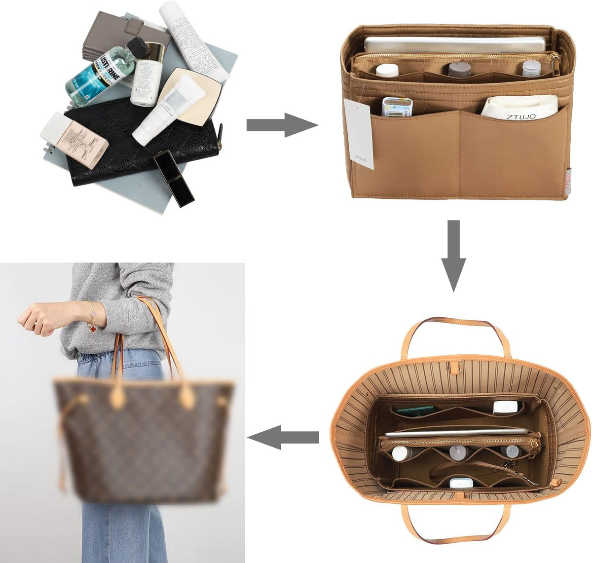 Purse Organizer Insert, Felt Bag Organizer with Metal Zipper, Handbag & Tote Shaper, For Speedy Neverfull Tote, 7 Sizes