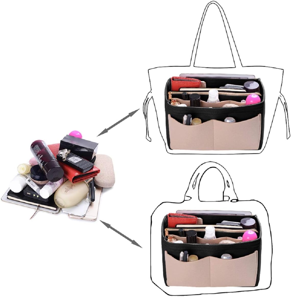 Purse Organizer Insert, Felt Bag Organizer with Metal Zipper, Handbag & Tote Shaper, For Speedy Neverfull Tote, 7 Sizes