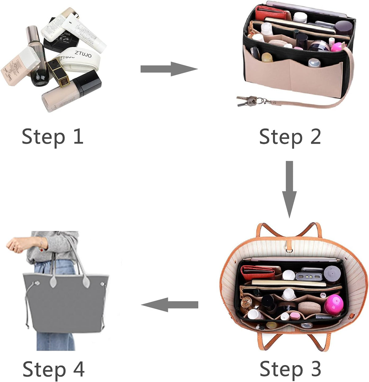 Purse Organizer Insert, Felt Bag Organizer with Metal Zipper, Handbag & Tote Shaper, For Speedy Neverfull Tote, 7 Sizes